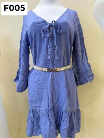 F005: Medium Blue Plune V-Neck Women Dress