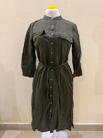 H007:  Small Olive Elegance Button-Down Utility Midi Dress with Waist Tie