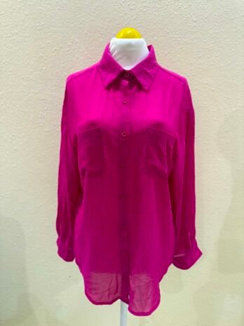 H014: Bold Elegance Sheer Magenta Button-Down Blouse