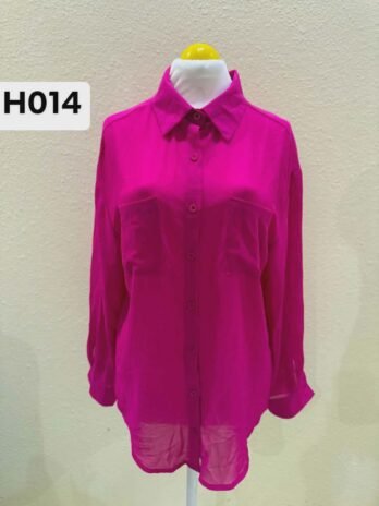 H014: Bold Elegance Sheer Magenta Button-Down Blouse
