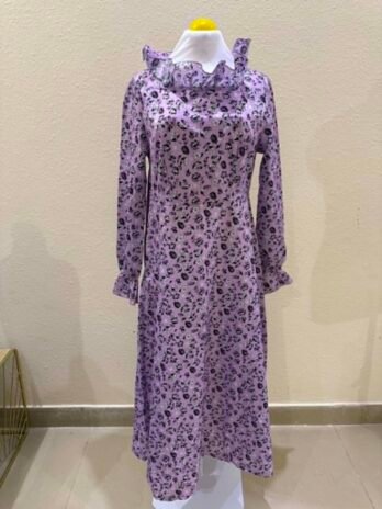 H017: Lavender Wild Charm Leopard Print Midi Dress with Ruffle Detail