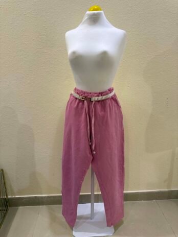 H018: Blush Comfort Elastic Waist Casual Tapered Pants with Belt Accent