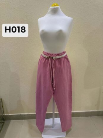 H018: Blush Comfort Elastic Waist Casual Tapered Pants with Belt Accent