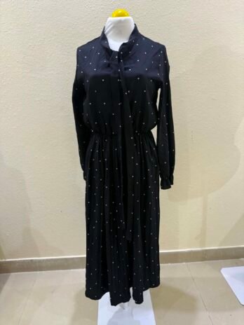 H021: Medium Black Classic Noir Polka Dot Tie-Neck HA.7DNO Midi Dress
