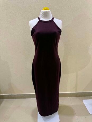 H025: Medium Burgundy Luxe Ribbed Halter Neck Bodycon AILA Midi Dress