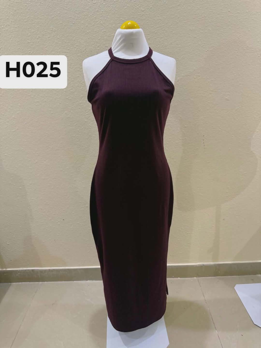 Medium Burgundy Luxe Ribbed Halter Neck Bodycon AILA Midi Dress